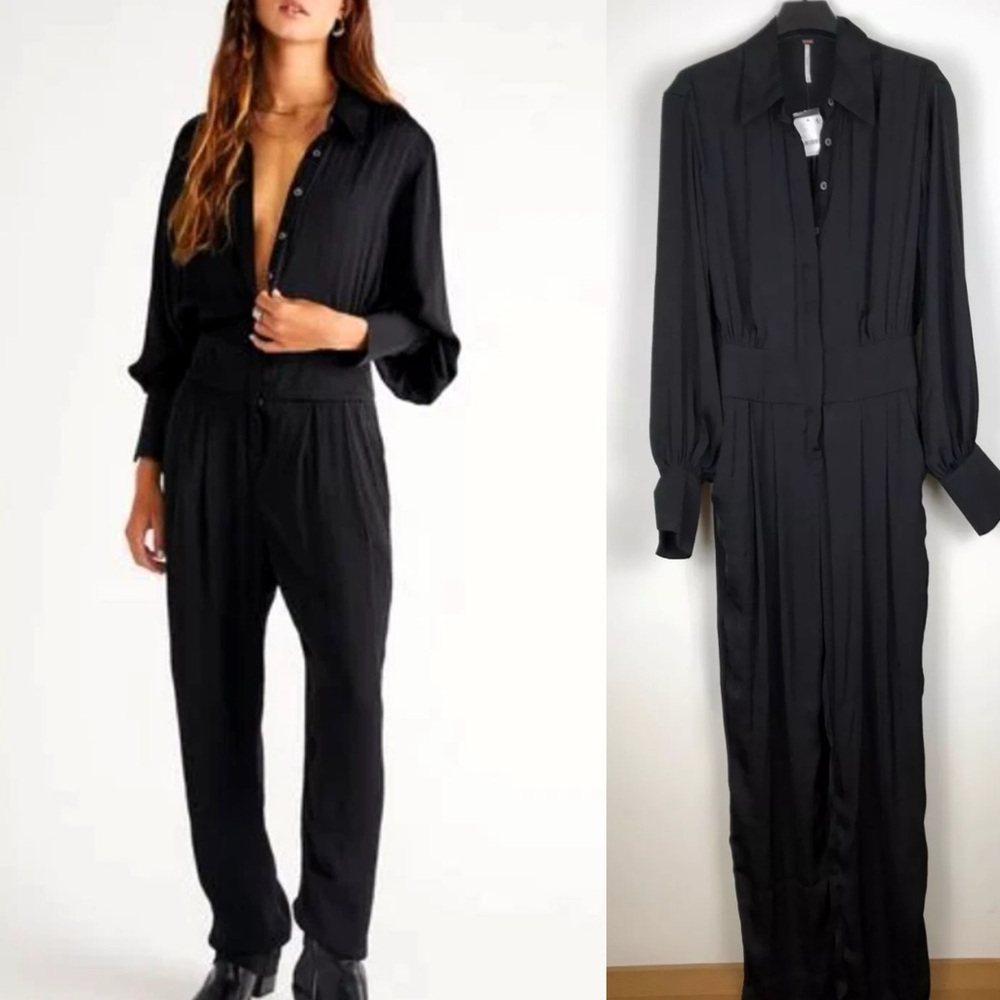 NWT Free People Renatta Jumpsuit Sz L Black Satin Button Up Lightweight Comfy